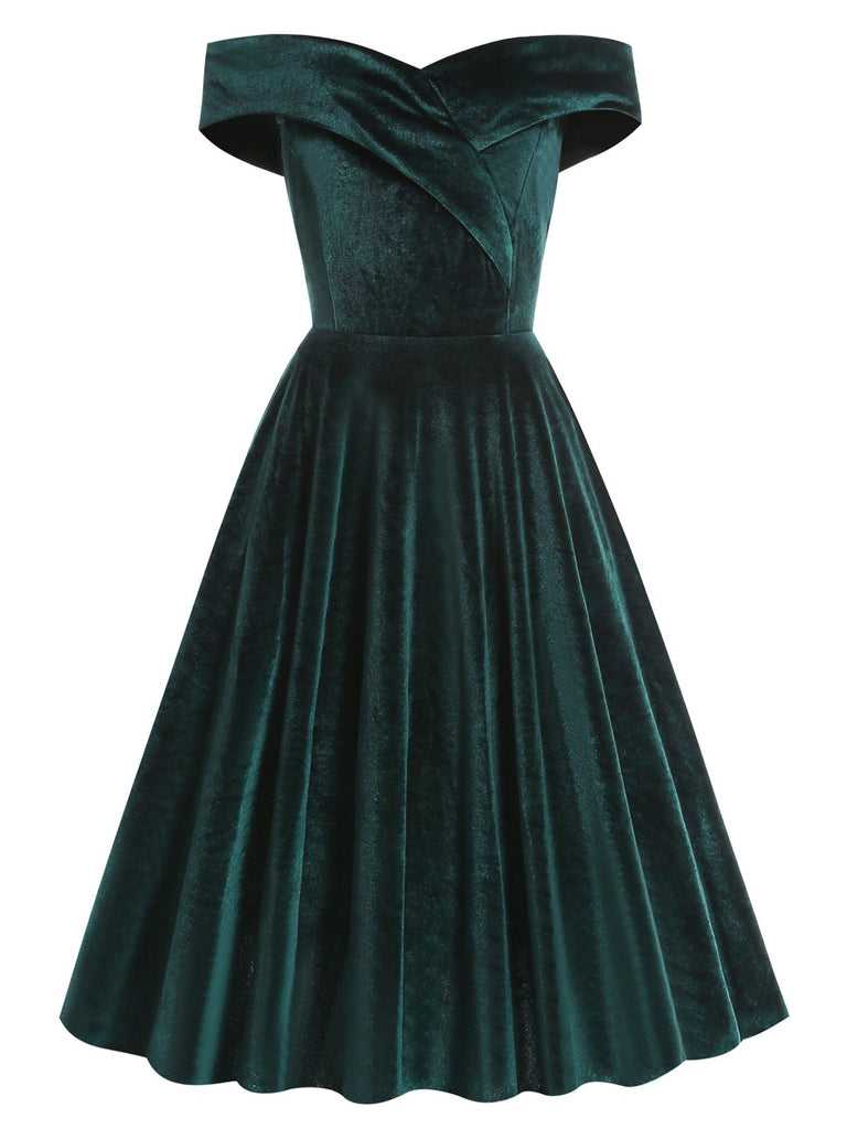 1950s Off Shoulder Velvet Swing Dress