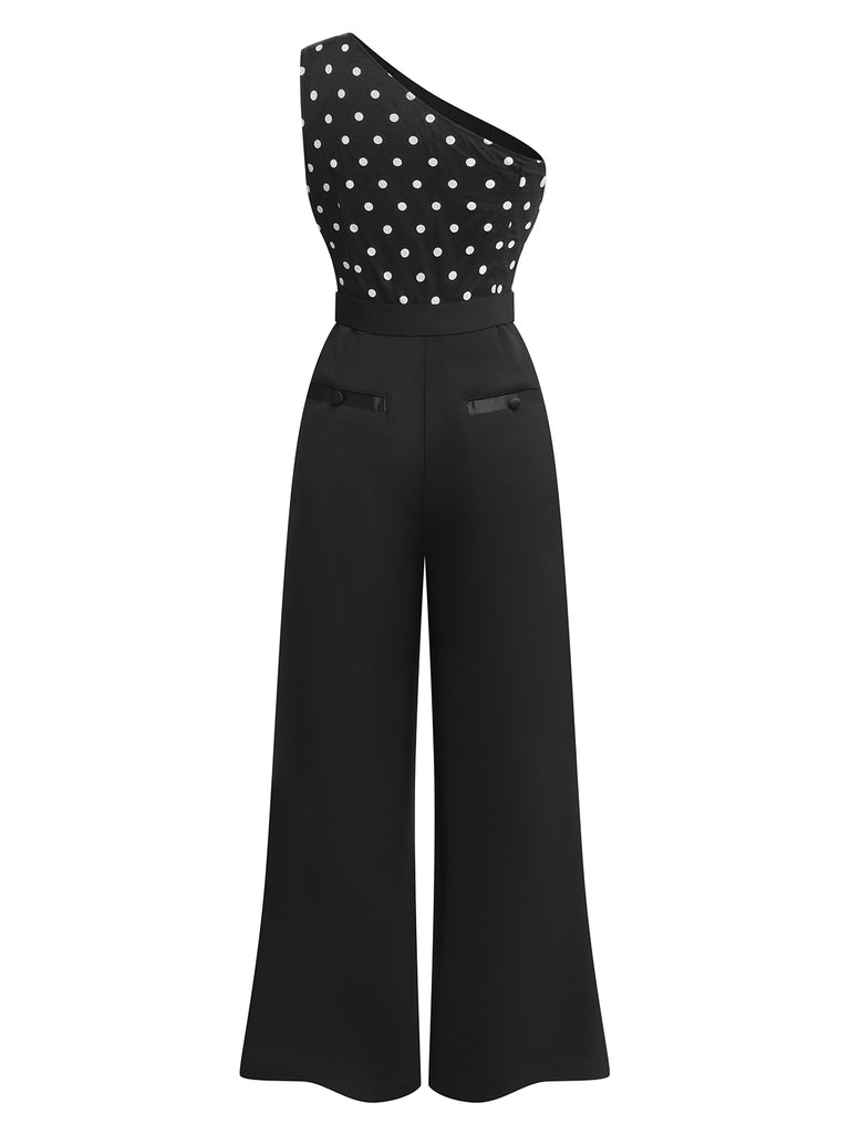 Black 1930s Polka Dots Patchwork Jumpsuit
