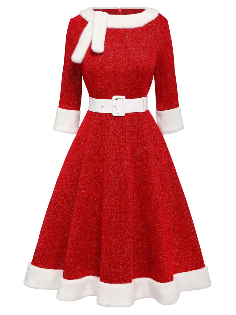 Red 1950s Solid Plush Christmas Dress