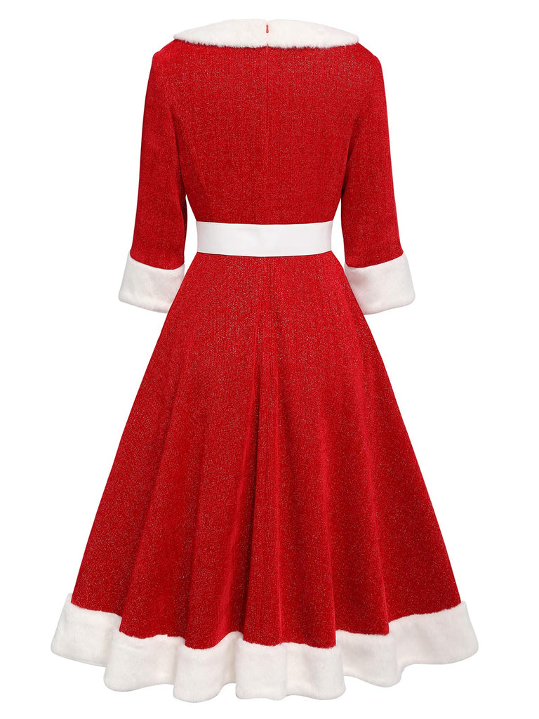 Red 1950s Solid Plush Christmas Dress