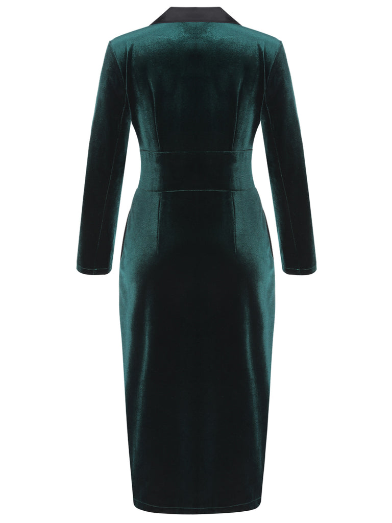 Dark Green 1960s Lapel Button Velvet Dress