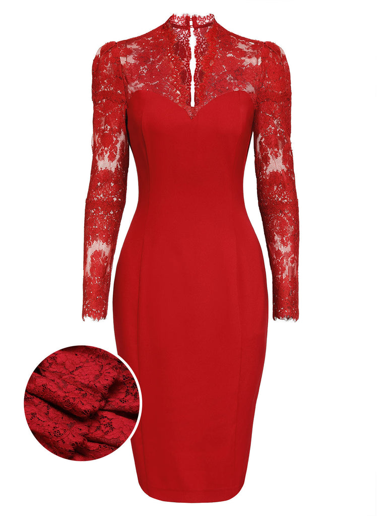 Red 1960s Lace Long Sleeves Patchwork Dress