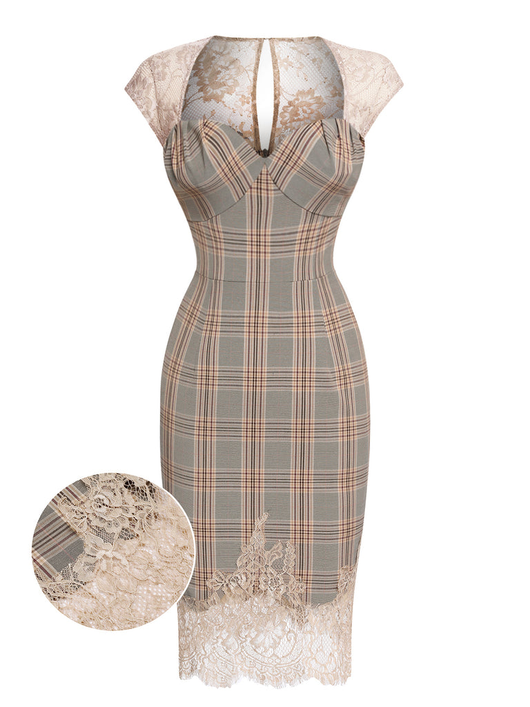 Gray 1960s Plaid Lace Pencil Dress
