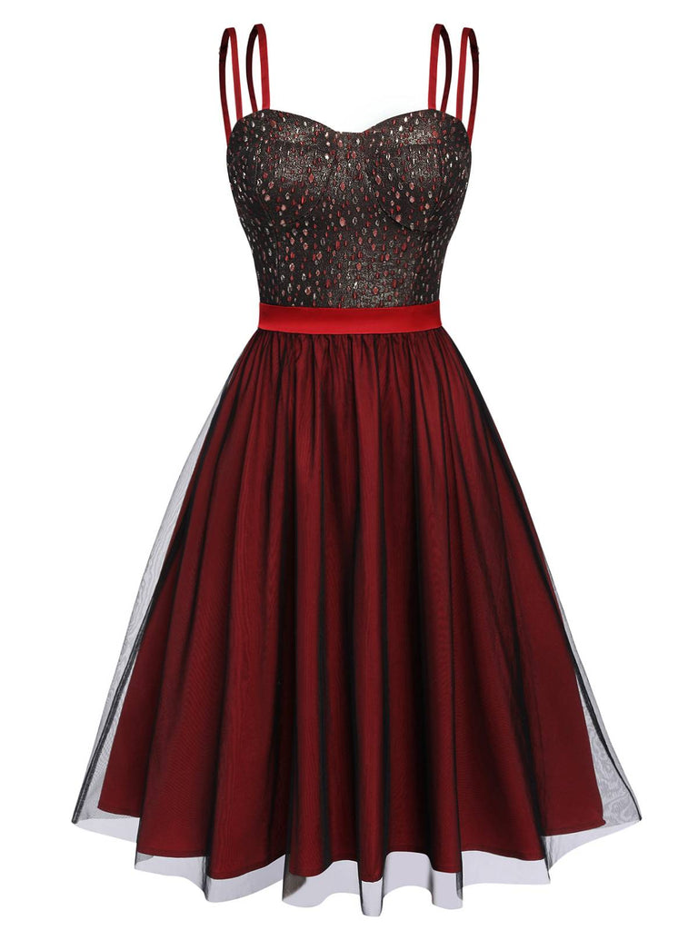 Red 1950s Strap Patchwork Gauze Dress