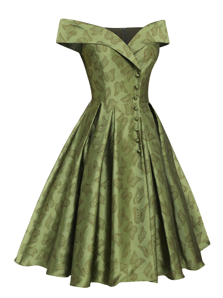Green 1950s Off-Shoulder Vintage Dress