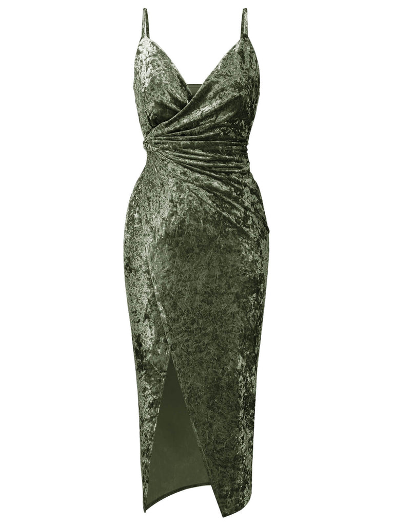 1960s Solid Diamond Velvet Slit Strap Dress