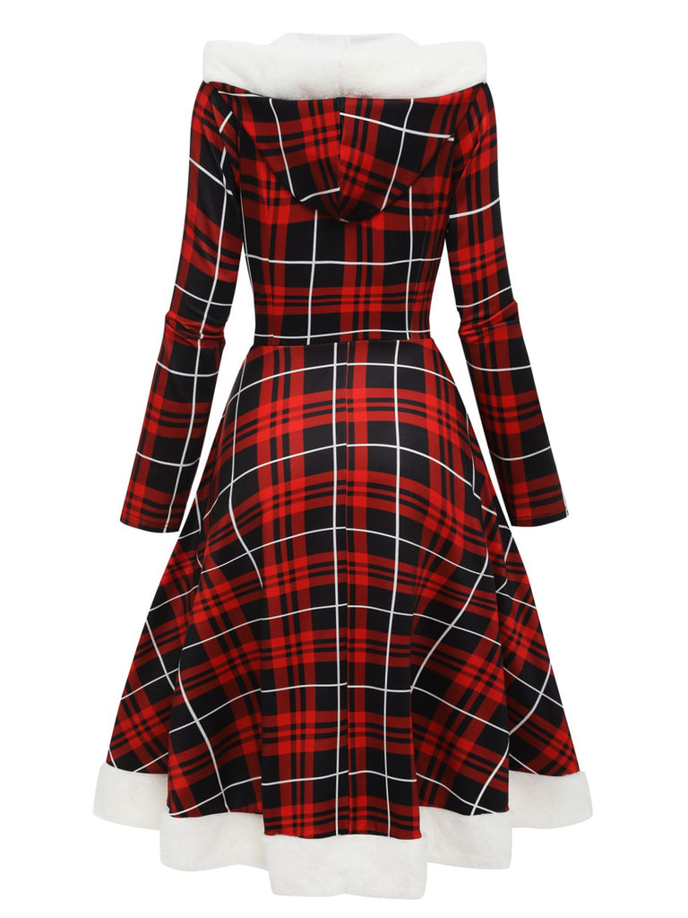 Red 1950s Plaid Lace-up Hooded Dress