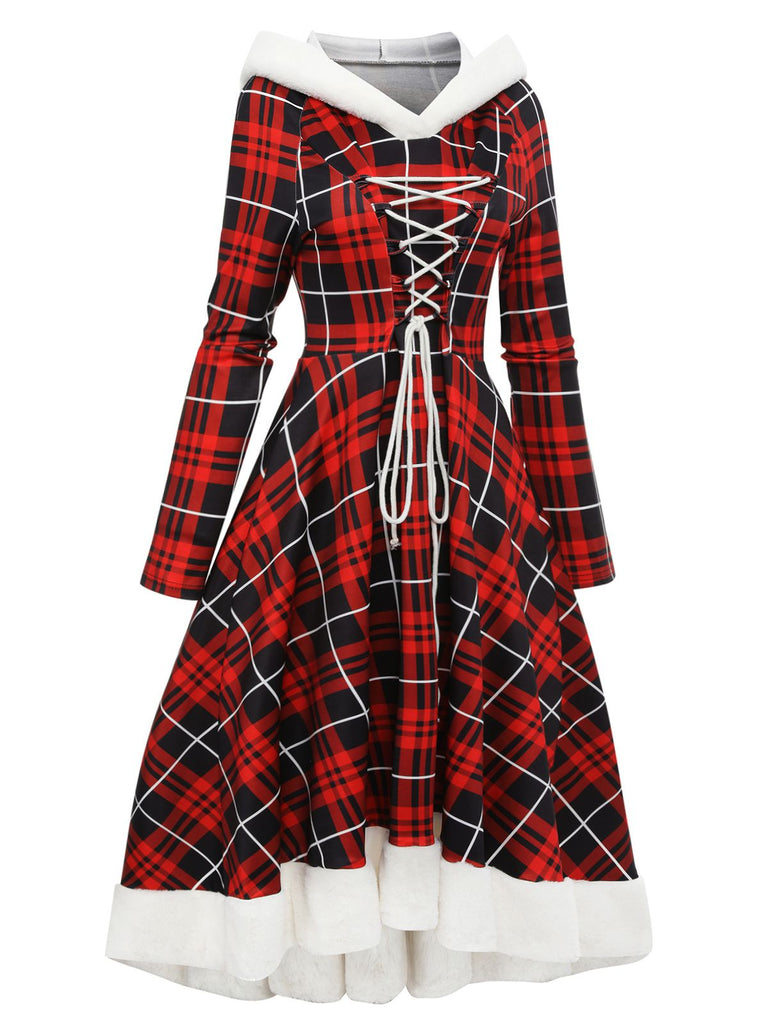 Red 1950s Plaid Lace-up Hooded Dress
