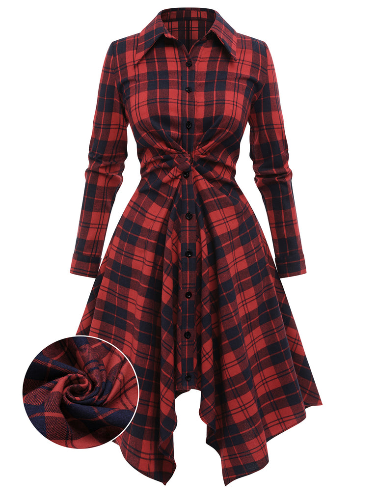 Red 1950s Plaid Long Sleeves Shirt Dress