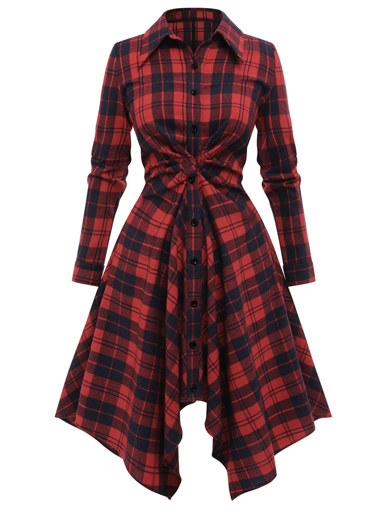 Red 1950s Plaid Long Sleeves Shirt Dress