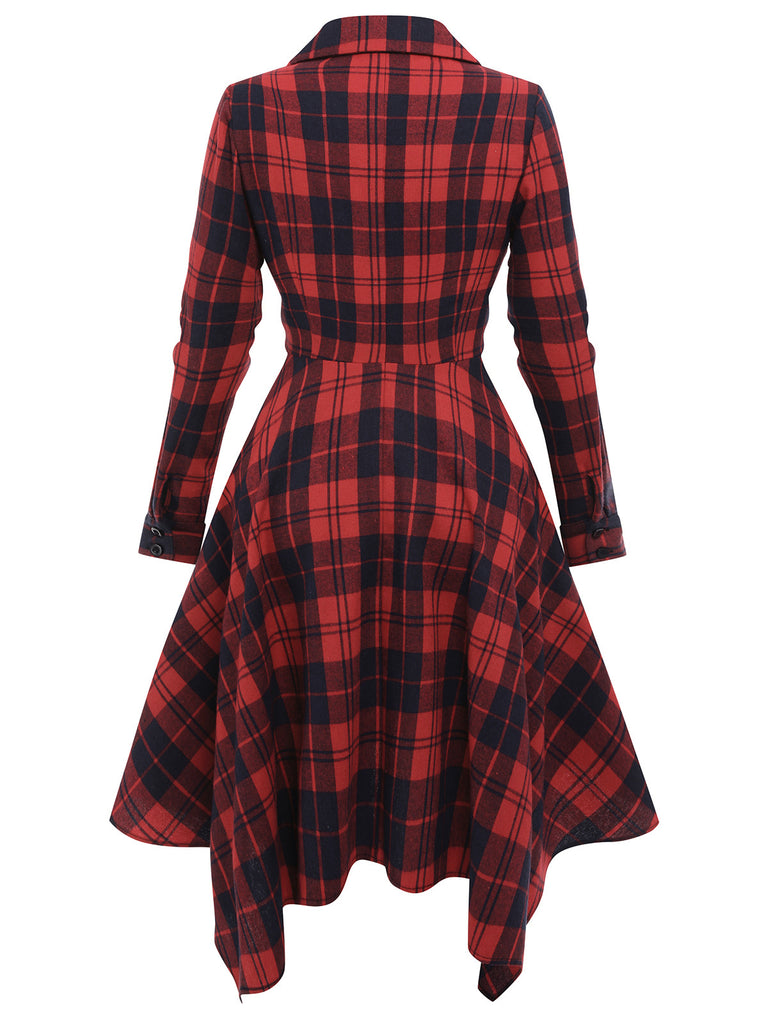 Red 1950s Plaid Long Sleeves Shirt Dress