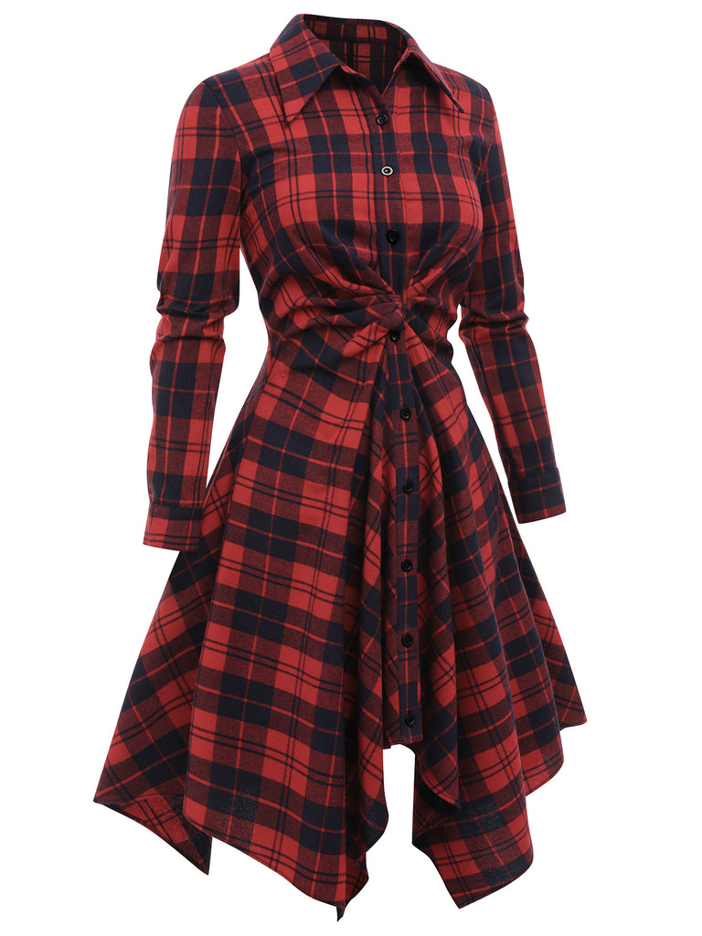Red 1950s Plaid Long Sleeves Shirt Dress