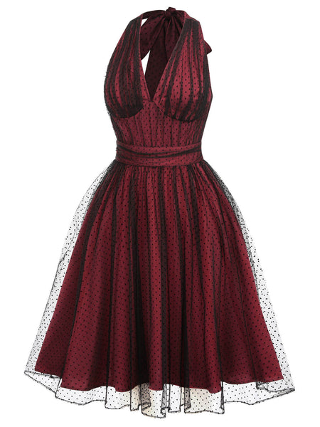 Red 1950s Dots Mesh Swing Dress | Retro Stage
