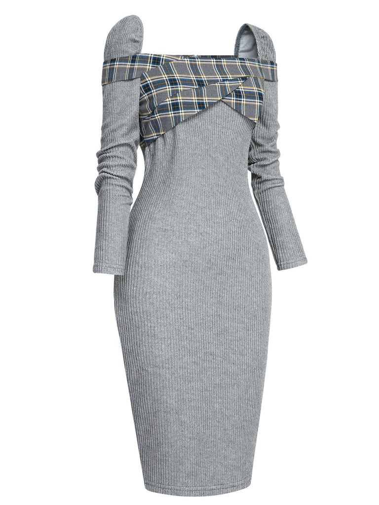 Gray 1960s Plaid Patchwork Pencil Dress