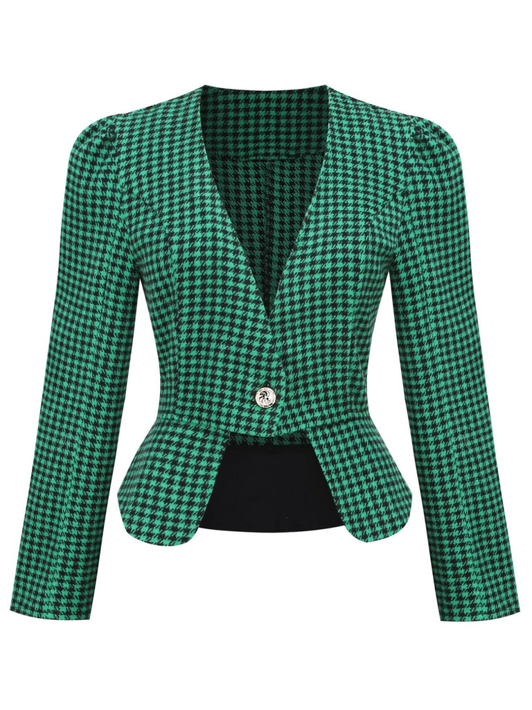 2PCS Green Retro Plaid Blazer & Panel Skirt