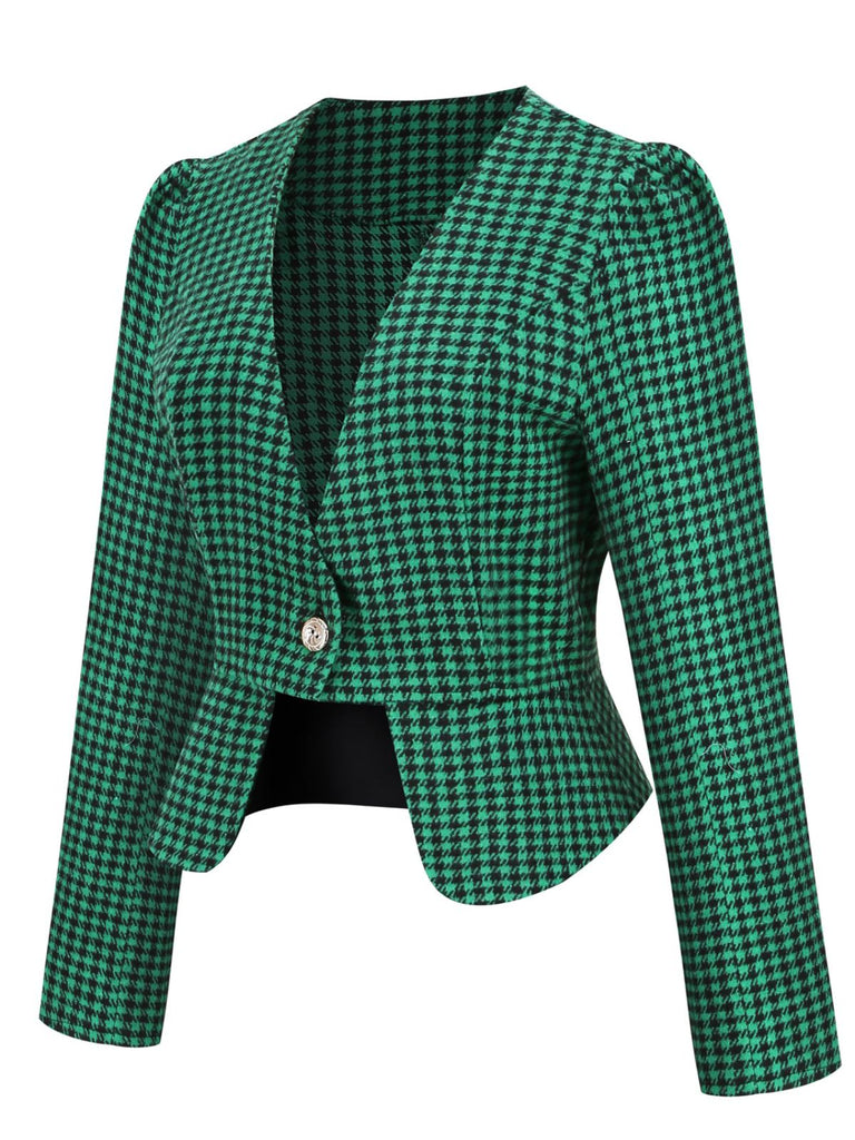 2PCS Green Retro Plaid Blazer & Panel Skirt