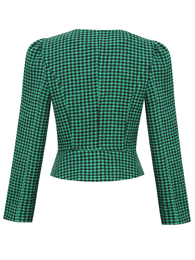 2PCS Green Retro Plaid Blazer & Panel Skirt