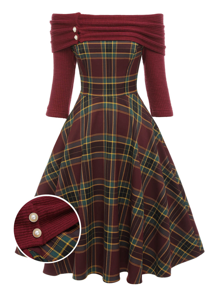 Wine Red 1950s Plaids Off-Shoulder Dress | Retro Stage