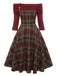 Wine Red 1950s Plaids Off-Shoulder Dress