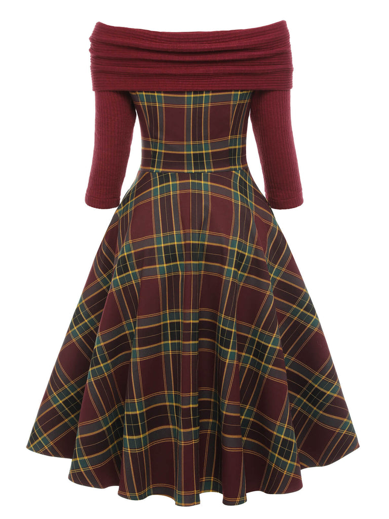 Wine Red 1950s Plaids Off-Shoulder Dress | Retro Stage