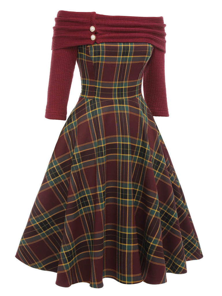 Wine Red 1950s Plaids Off-Shoulder Dress | Retro Stage