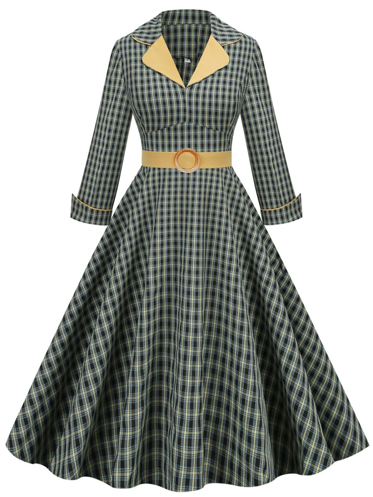 Yellow & Black 1950s Plaid Lapel Belt Swing Dress