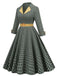 Yellow & Black 1950s Plaid Lapel Belt Swing Dress