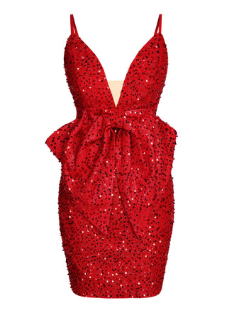 Red 1960s Bowknot Plunge-V Pencil Dress