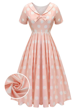 Peach Pink 1940s Dot Short Sleeves Dress