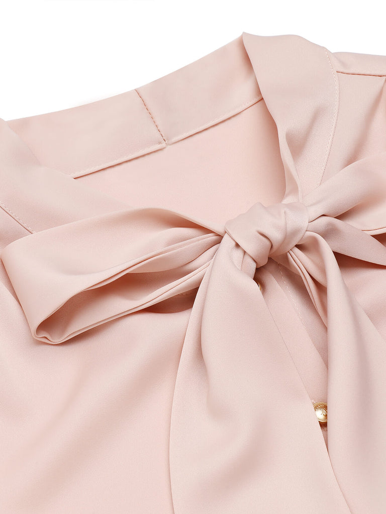 Pale Pink 1950s Bowtie Collar Satin Tops