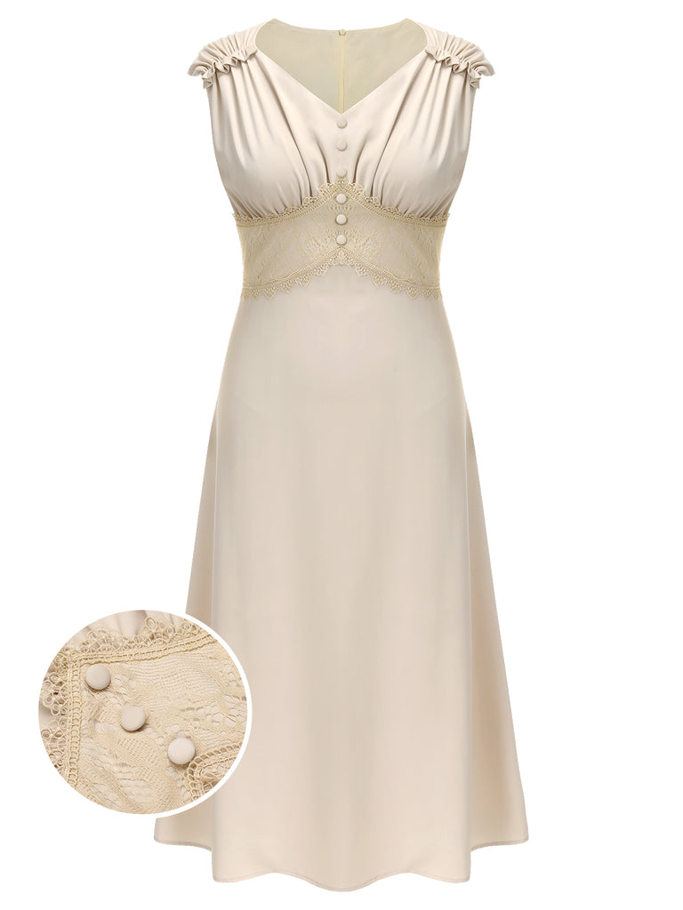 Beige V-Neck Lace Splicing Dress – Retro Stage - Chic Vintage Dresses and Accessories