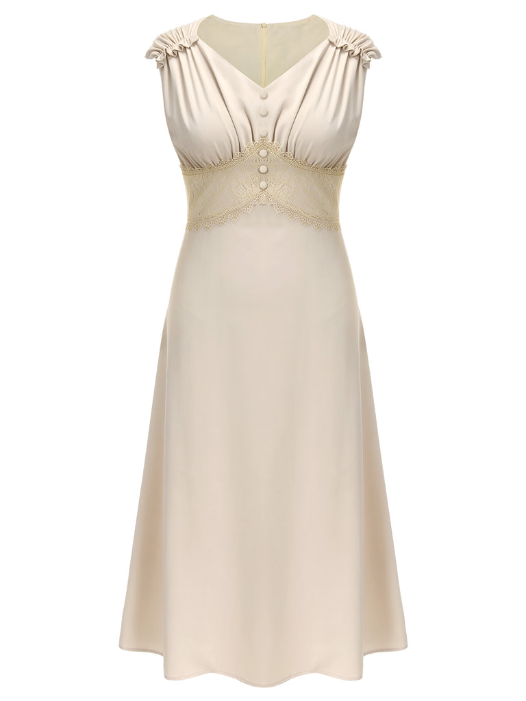 Beige 1930s V-Neck Lace Splicing Dress