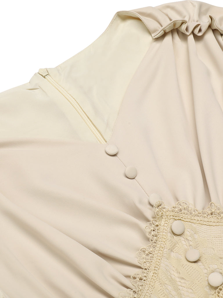 Beige 1930s V-Neck Lace Splicing Dress