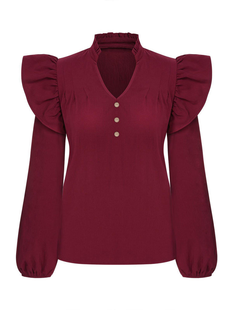 Wine Red 1950s Solid V-neck Ruffle Blouse
