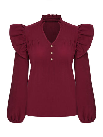 Wine Red 1950s Solid V-neck Ruffle Blouse