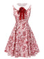 Red 1940s Floral Bow Lapel Sleeveless Dress