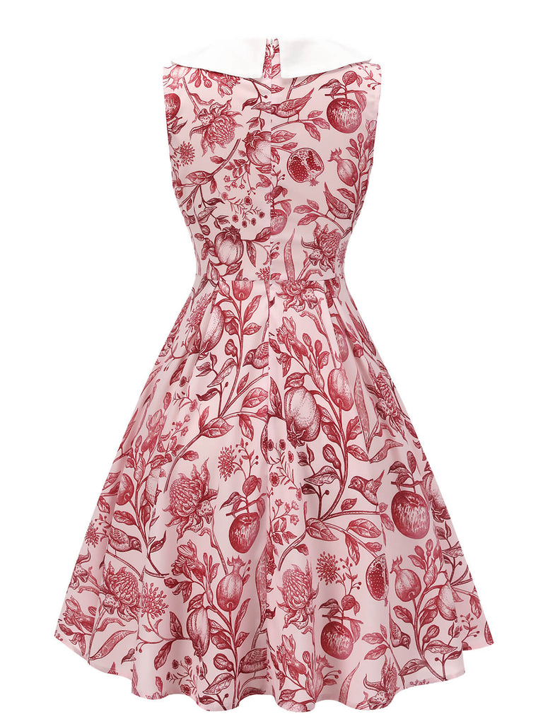 Red 1940s Floral Bow Lapel Sleeveless Dress