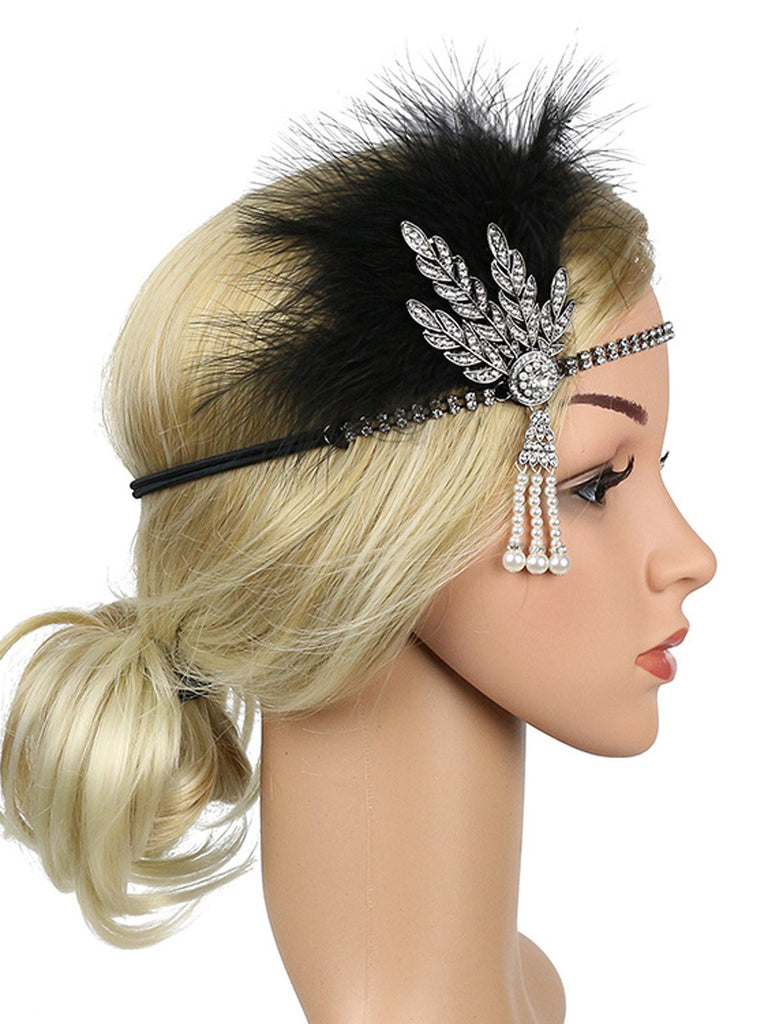 [US Warehouse] Silver 1920s Feather Rhinestone Headband