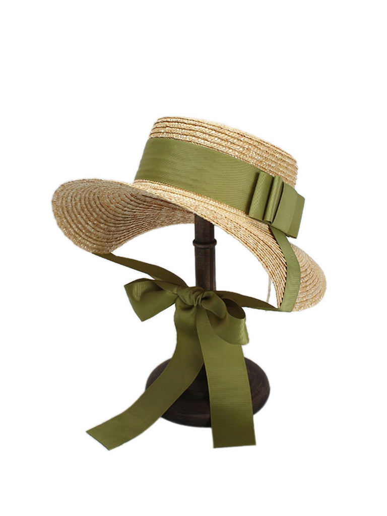 Retro Green Ribbon Raffia Sun Hat
