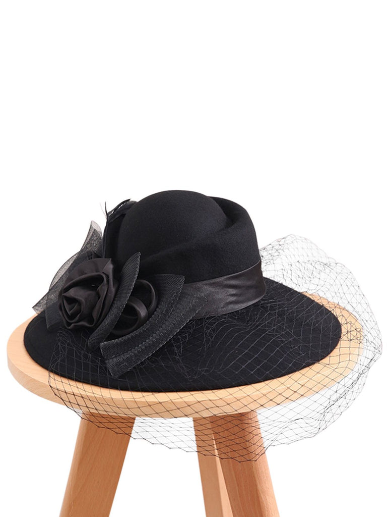 Retro Floral Mesh Wooled Dress Hat