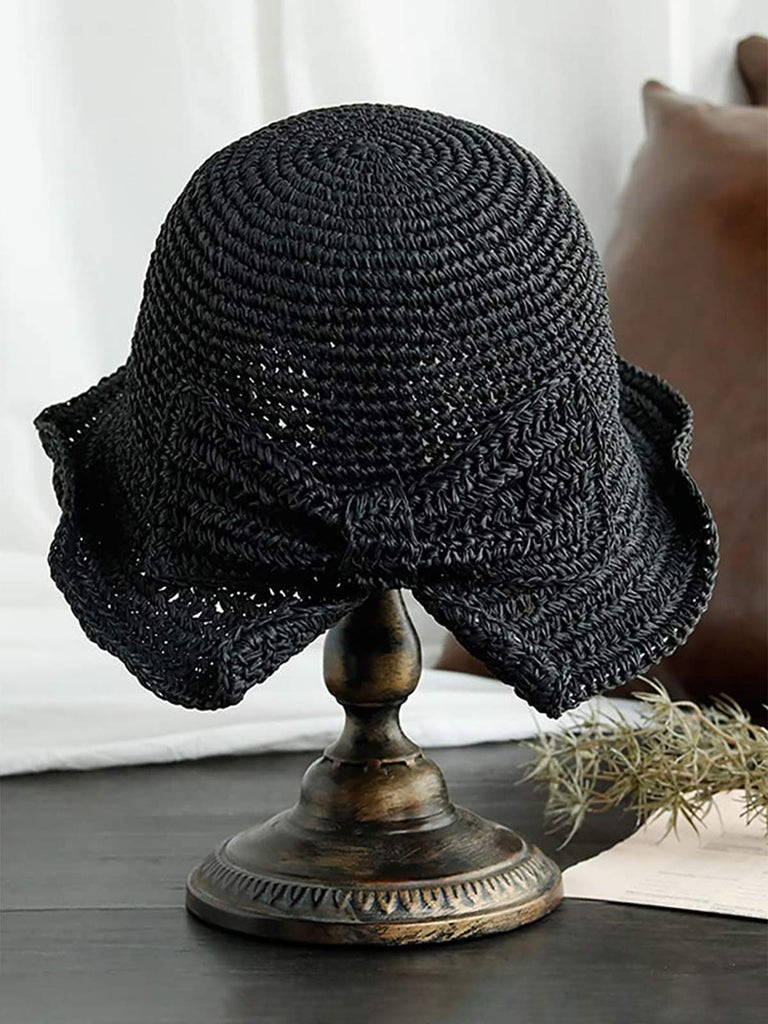 Retro Solid Bowknot Raffia Sun Hat