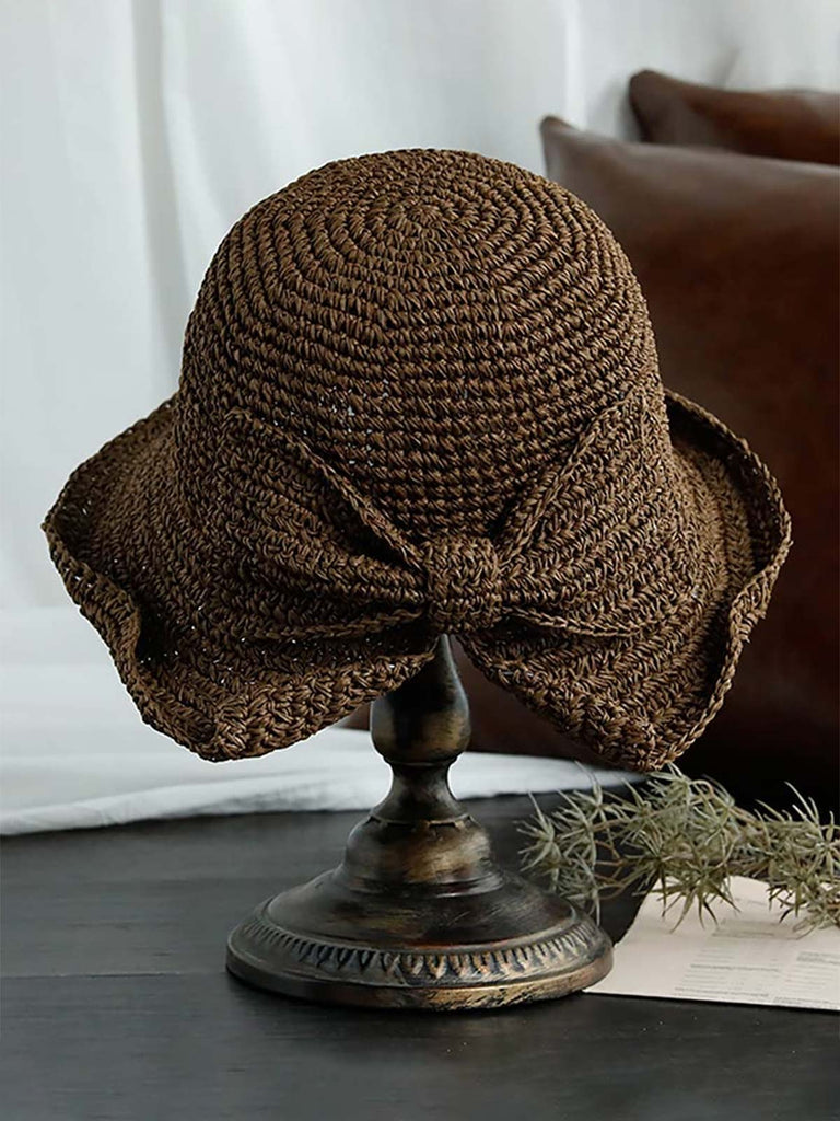 Retro Solid Bowknot Raffia Sun Hat