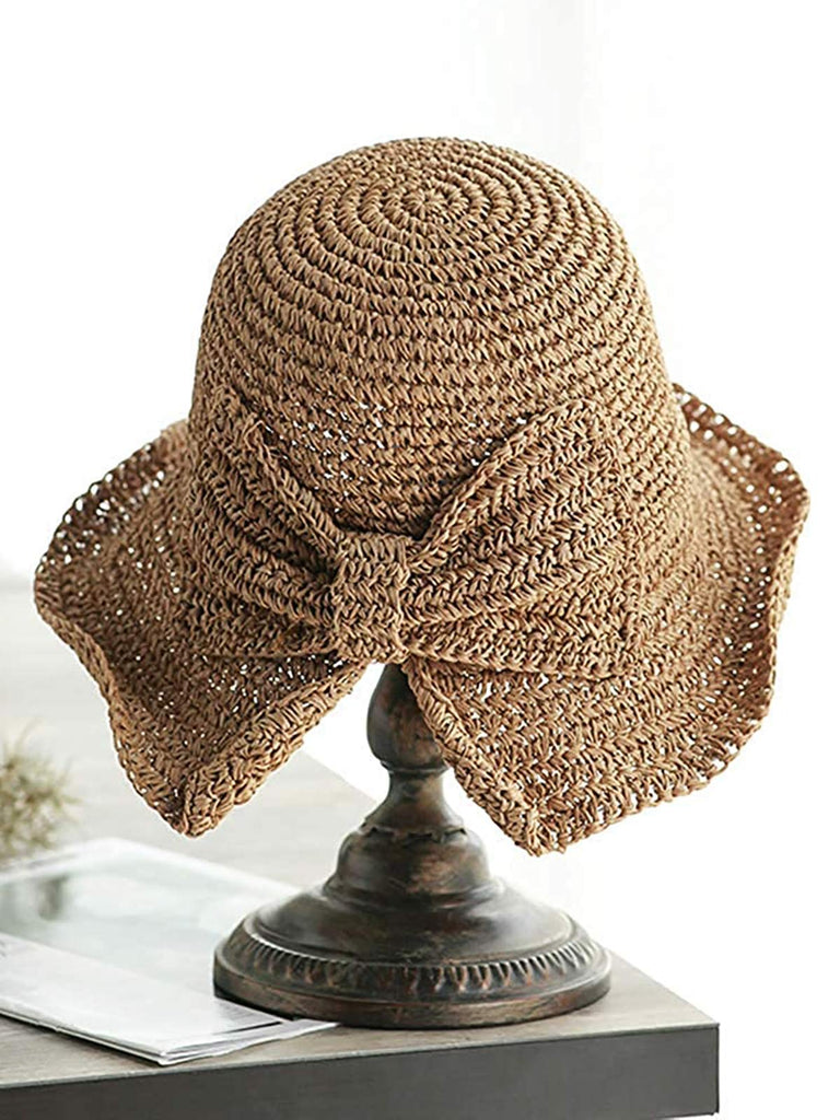 Retro Solid Bowknot Raffia Sun Hat