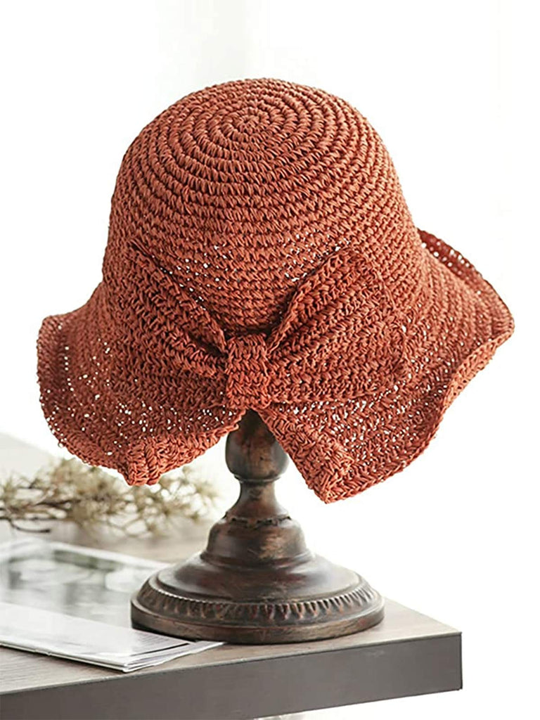 Retro Solid Bowknot Raffia Sun Hat