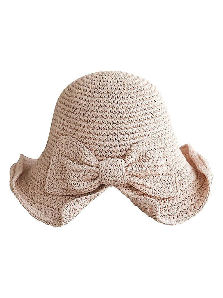 Retro Solid Bowknot Raffia Sun Hat