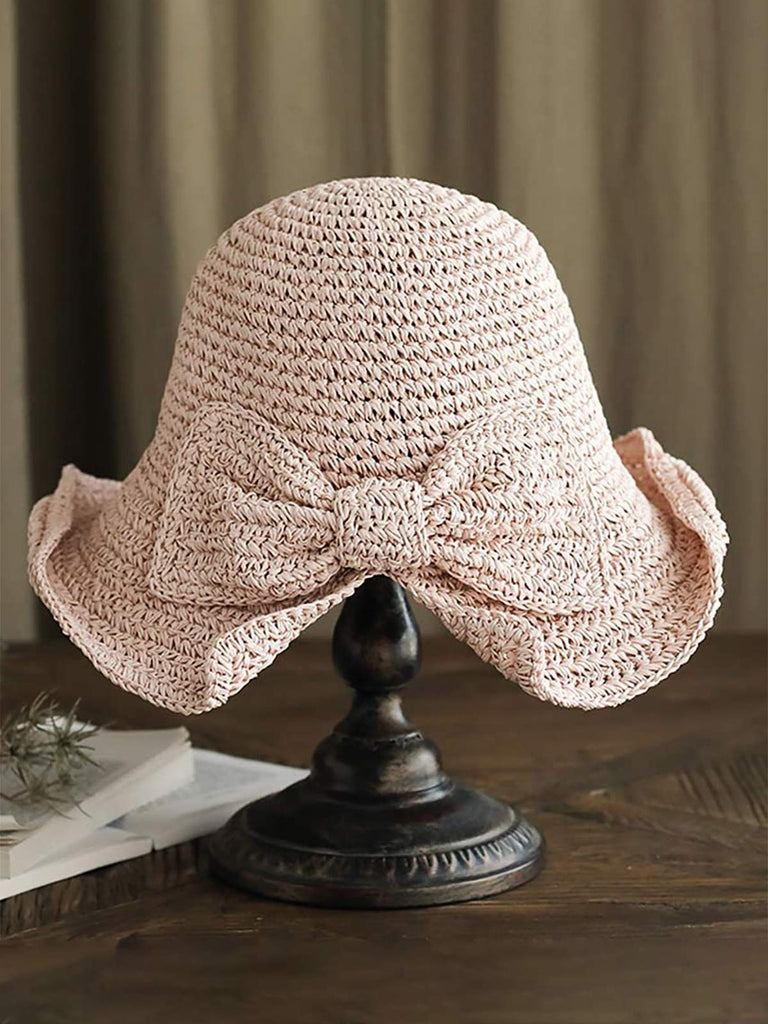 Retro Solid Bowknot Raffia Sun Hat