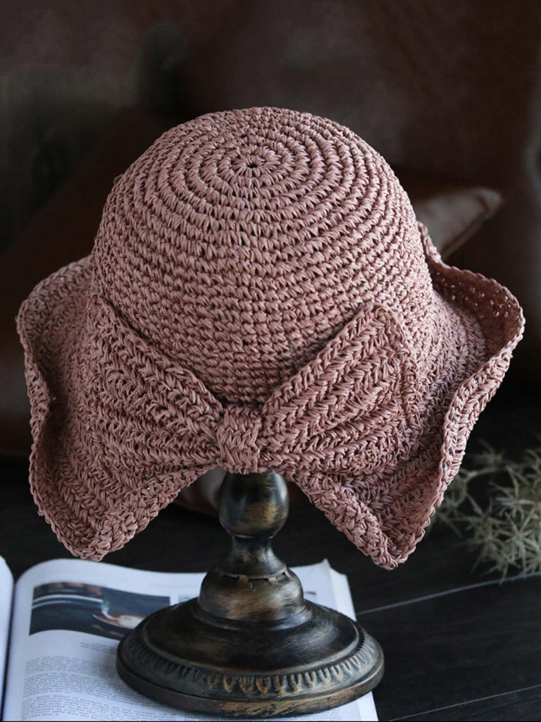 Retro Solid Bowknot Raffia Sun Hat
