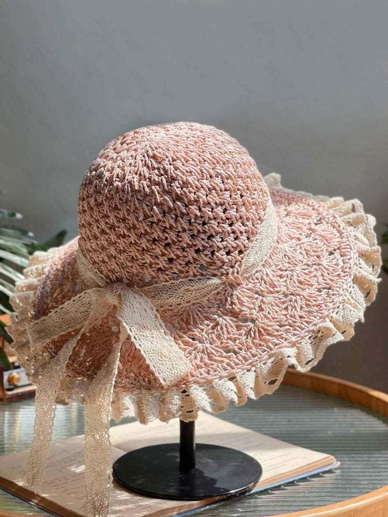Pale Pink Hand-made Lace Bow Sun Hat