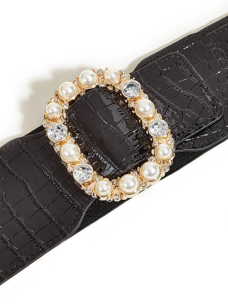 Black Retro Wide Belt With Pearl