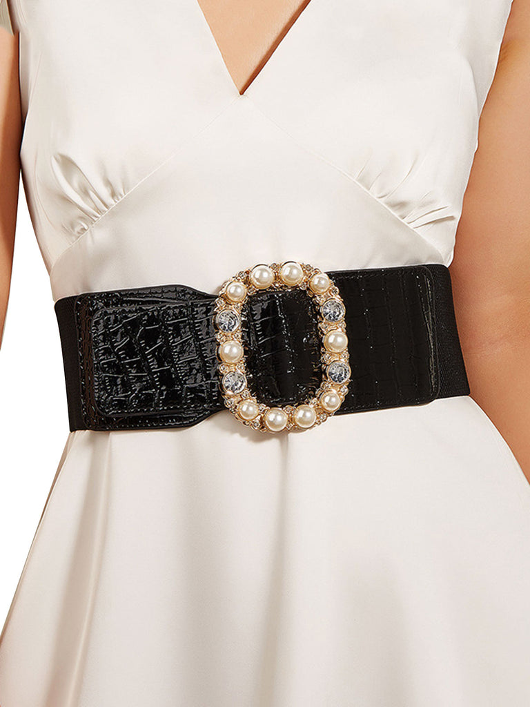 Black Retro Wide Belt With Pearl